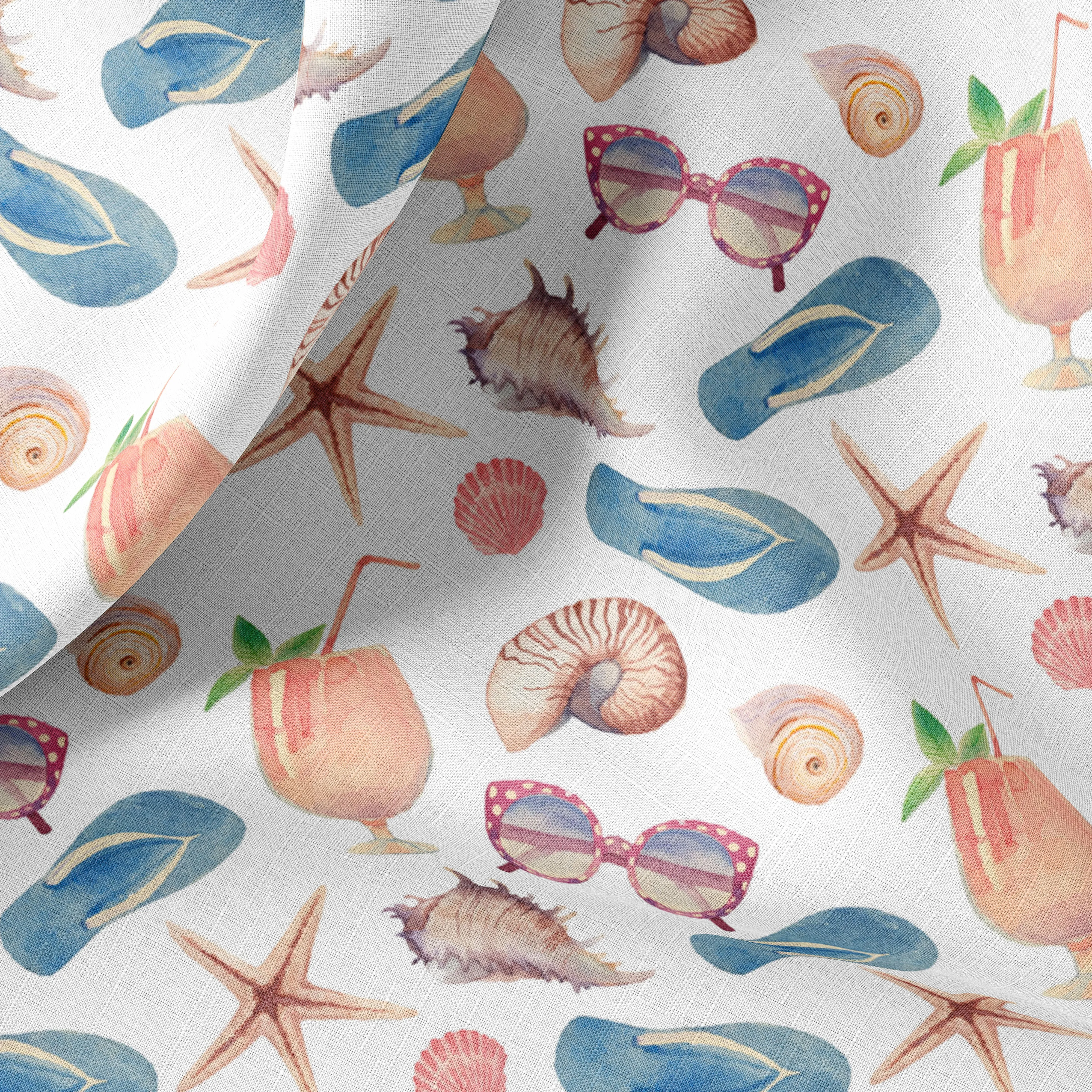 Watercolor Beach Print Linen Fabric - Yard/Meter, Ideal for Clothing, Bedding, Curtains, Upholstery