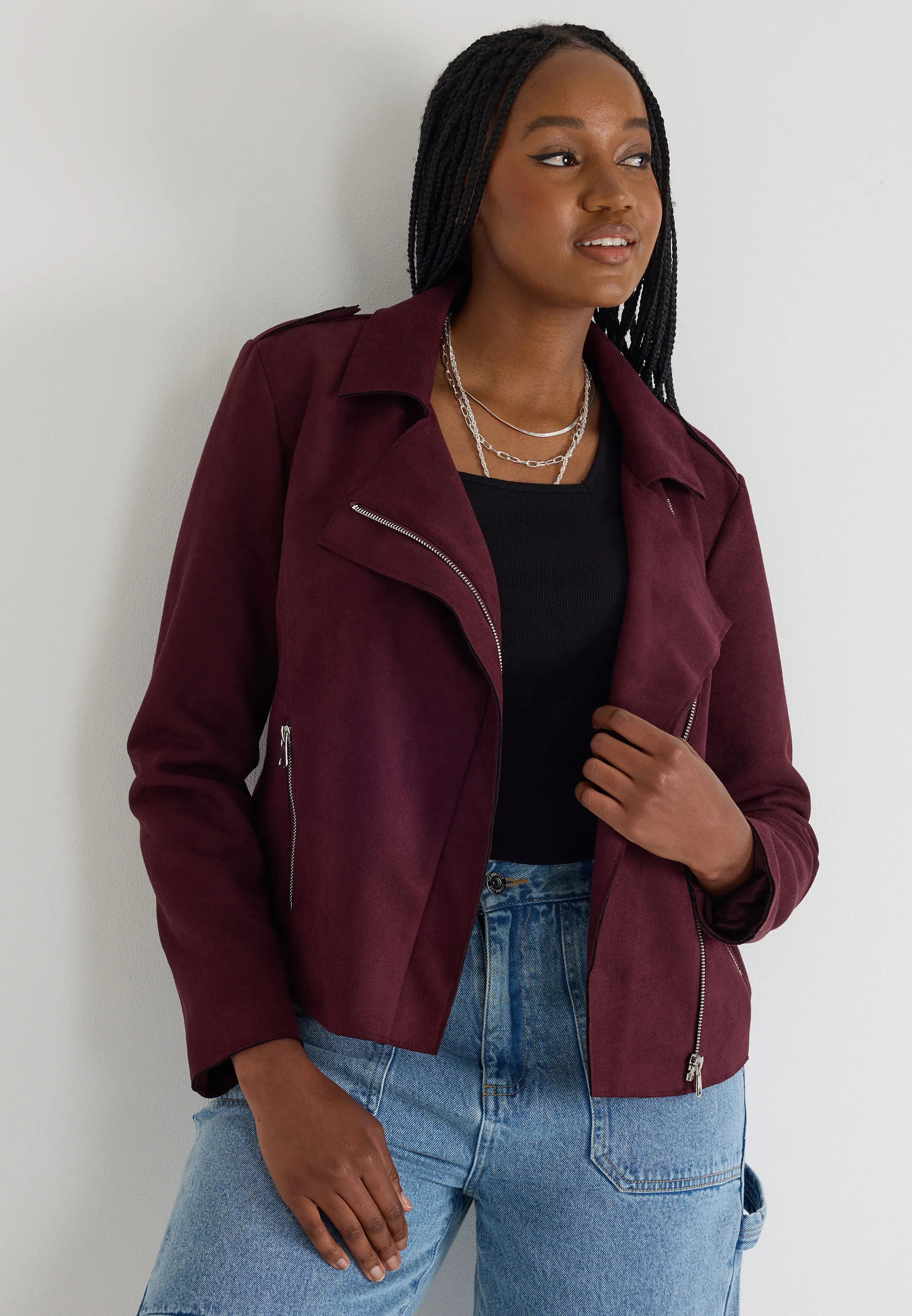 Women's Burgundy Suedette Motorcycle Jacket