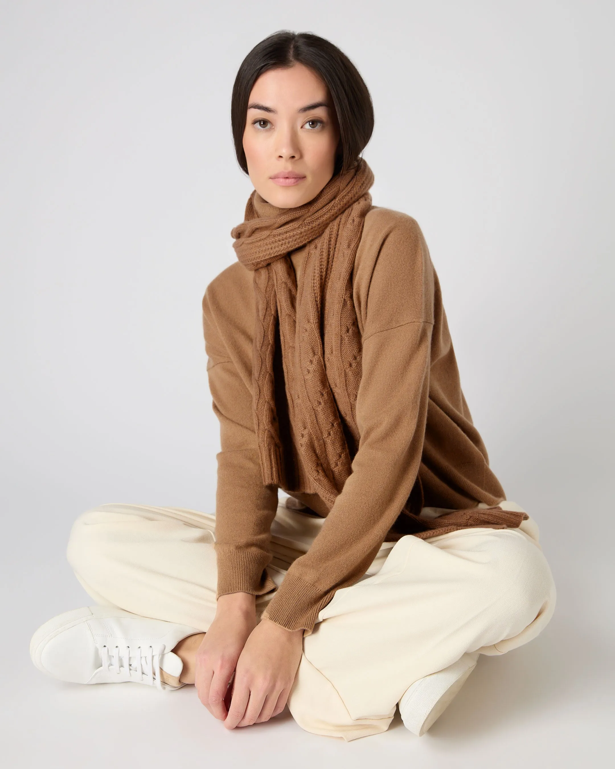 Dark Camel Brown Cashmere Cable Knit Scarf for Women