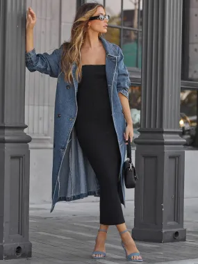 Women's Long Denim Coat with Double Breasted Belted Design