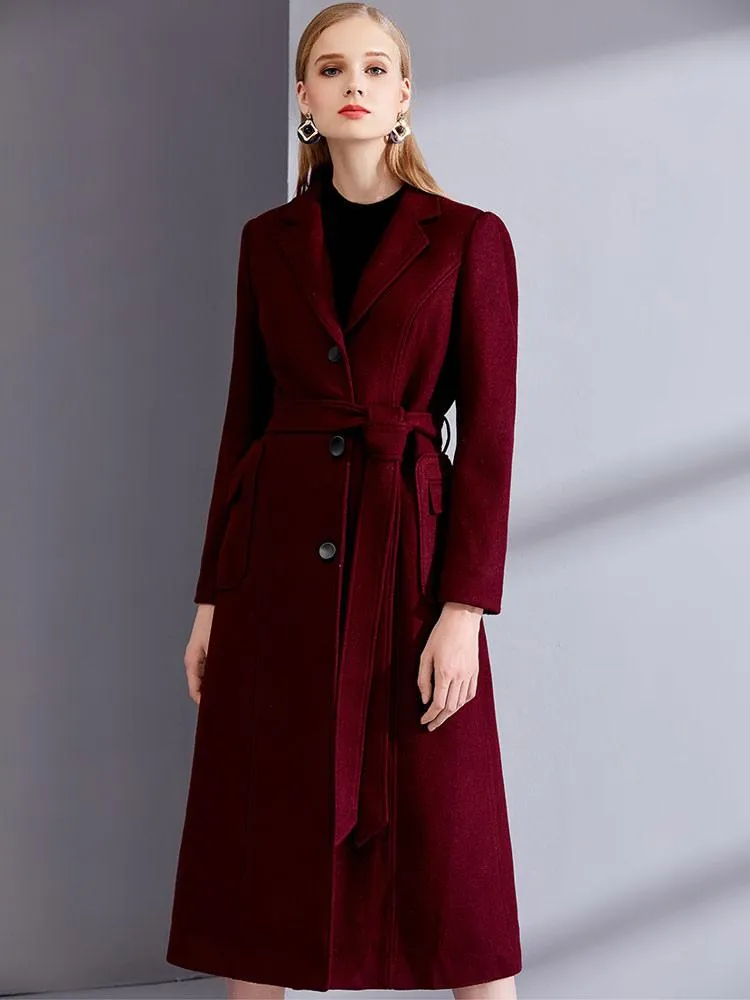 Burgundy Wool Wrap Coats with Notch Collar - Women's Winter Outerwear