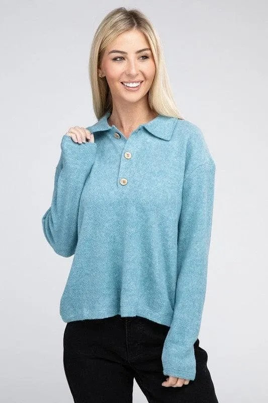 Zenana Brushed Melange Hacci Collared Sweater