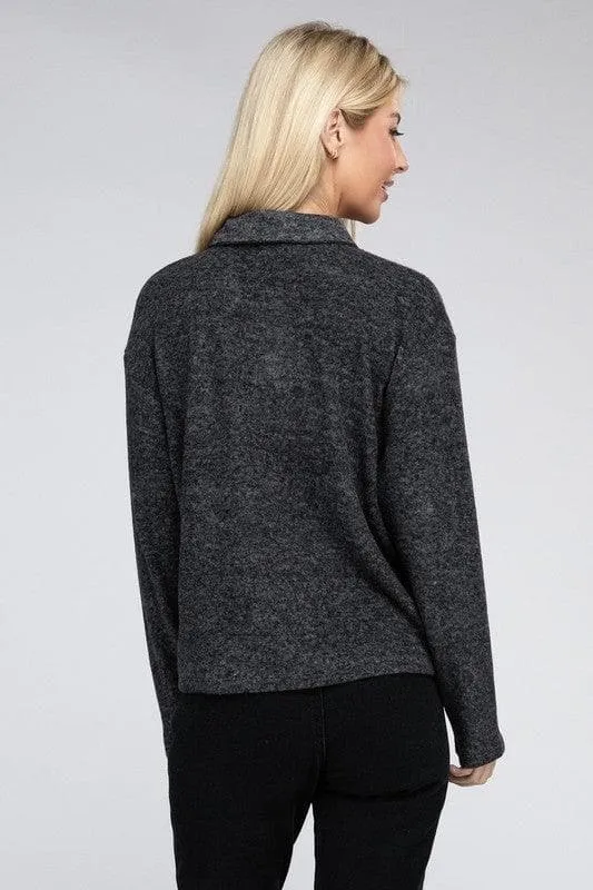 Zenana Brushed Melange Hacci Collared Sweater