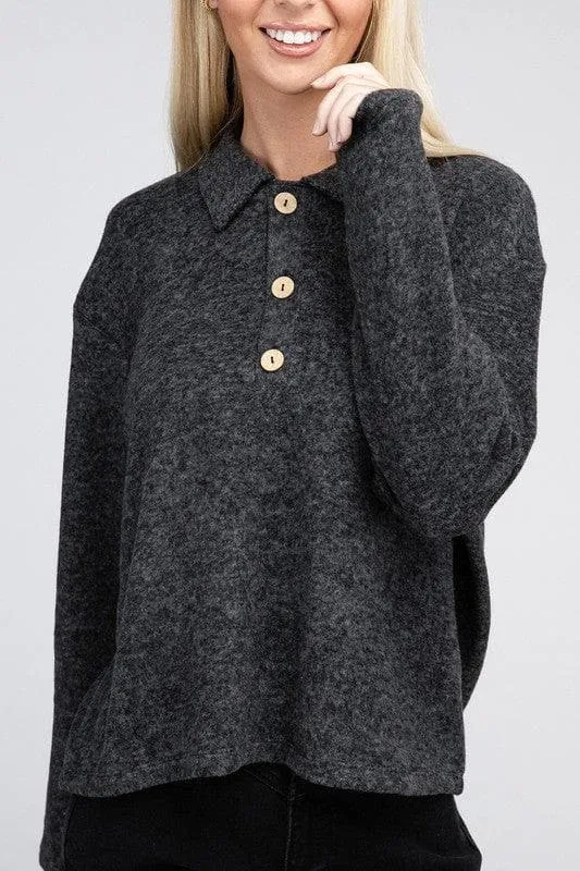 Zenana Brushed Melange Hacci Collared Sweater