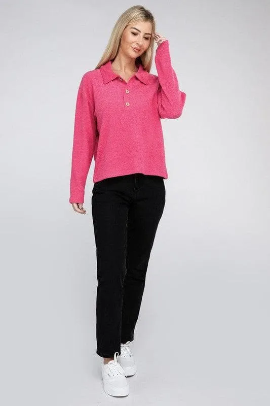 Zenana Brushed Melange Hacci Collared Sweater