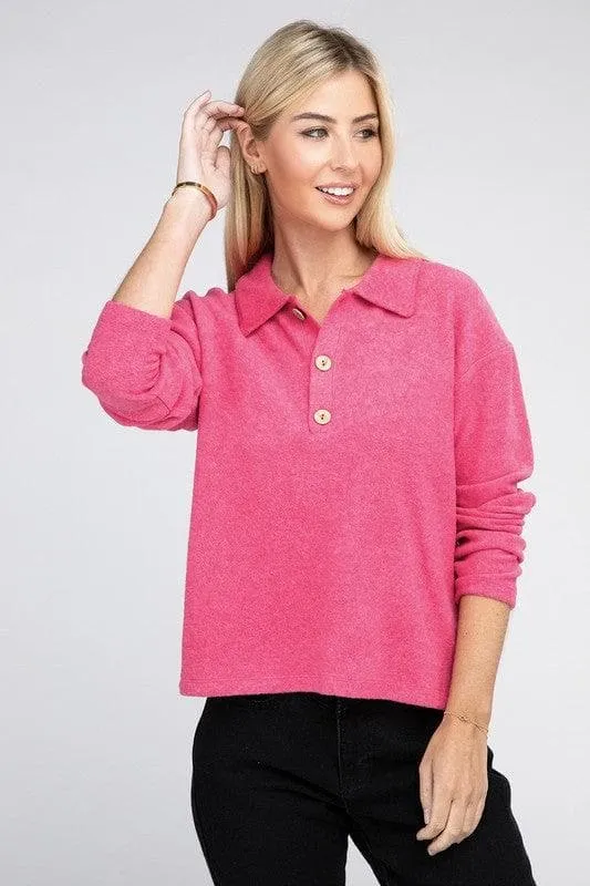 Zenana Brushed Melange Hacci Collared Sweater