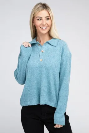 Zenana Brushed Melange Hacci Collared Sweater