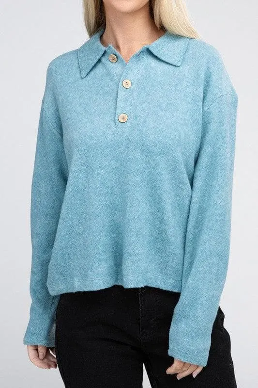 Zenana Brushed Melange Hacci Collared Sweater