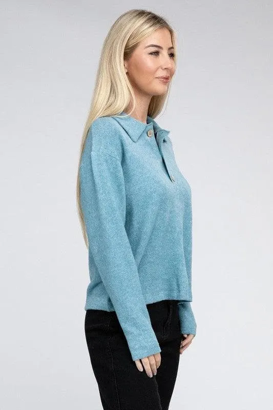 Zenana Brushed Melange Hacci Collared Sweater