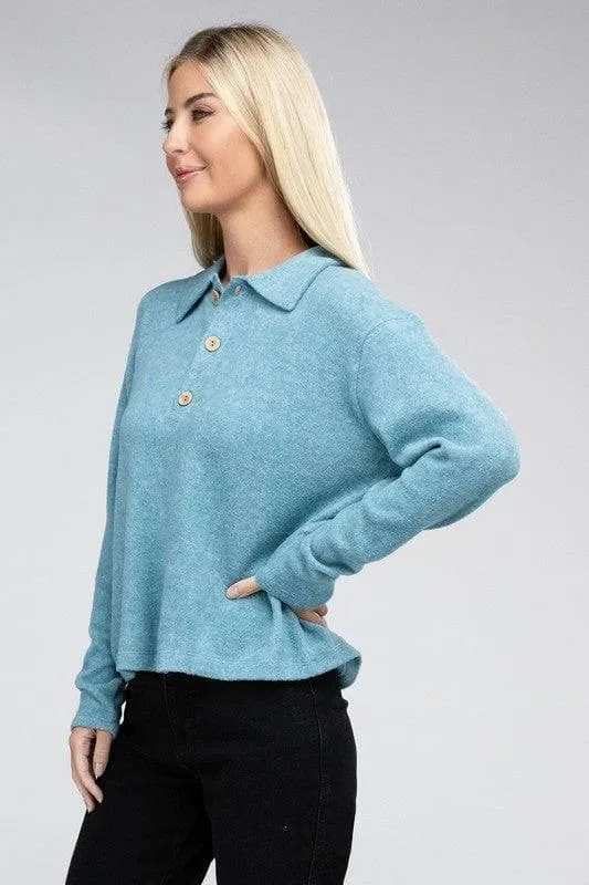 Zenana Brushed Melange Hacci Collared Sweater