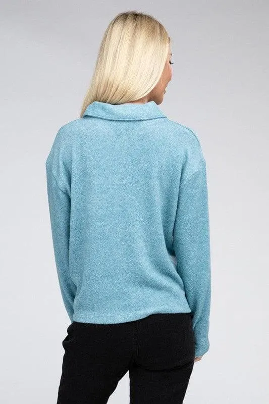 Zenana Brushed Melange Hacci Collared Sweater