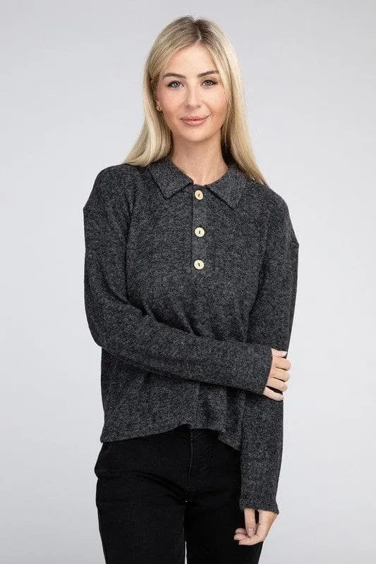 Zenana Brushed Melange Hacci Collared Sweater